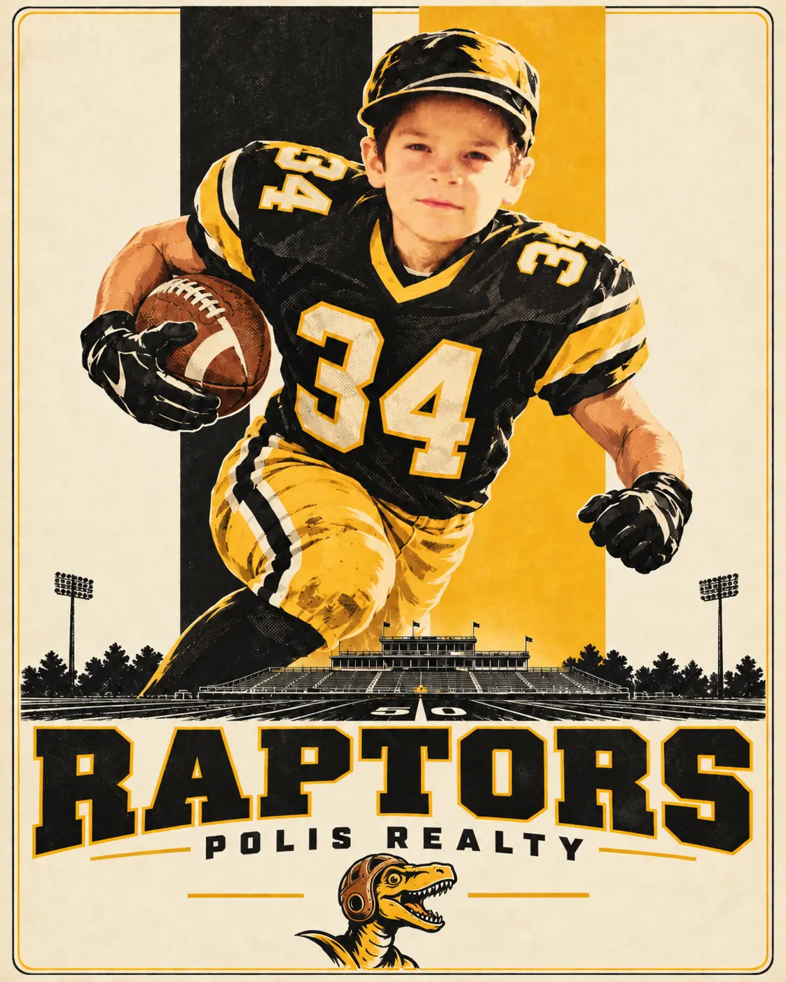 Heritage Field poster of a young Raptors football player