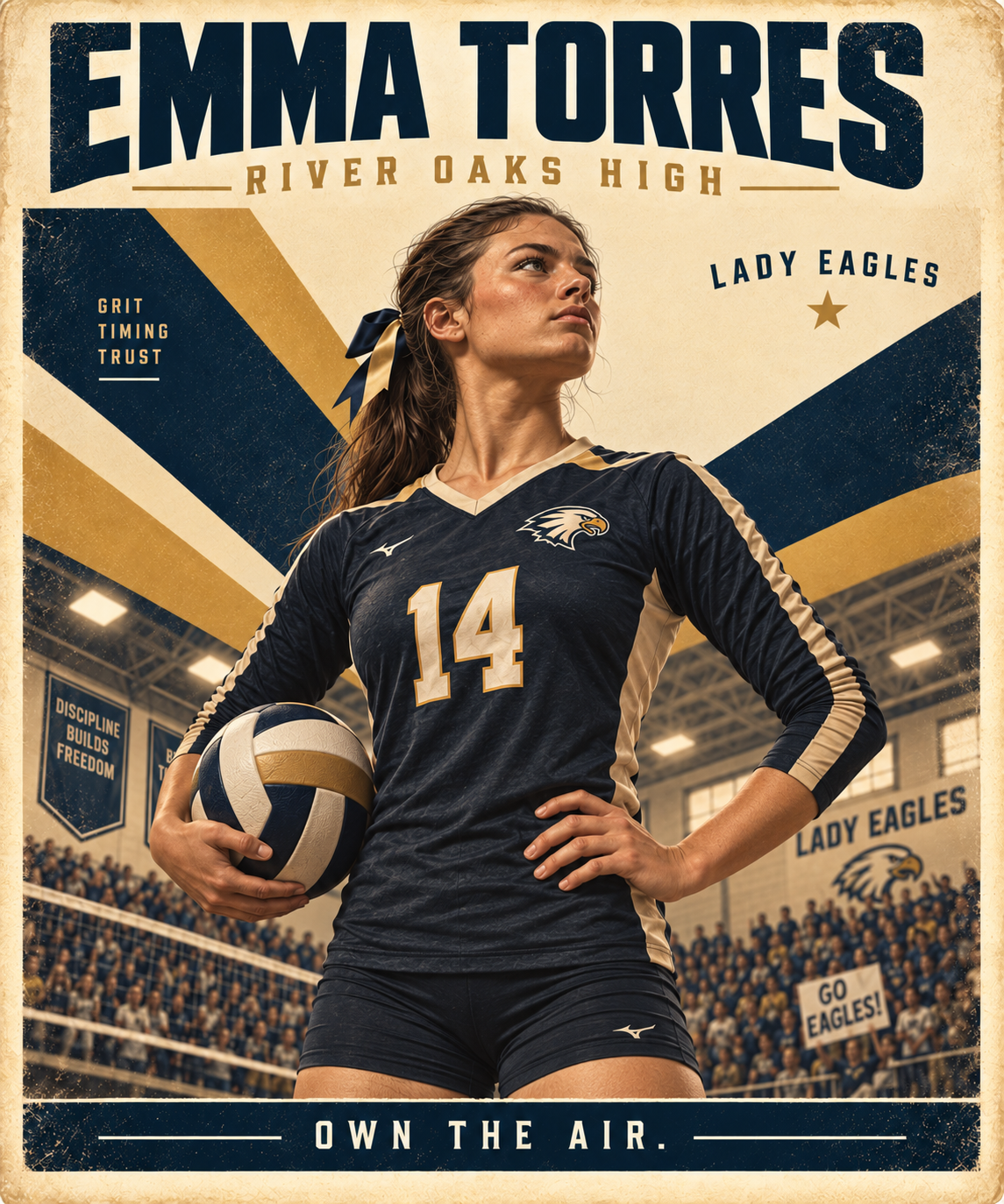 The Grandstand — Emma Torres, a heroic vintage-inspired volleyball portrait