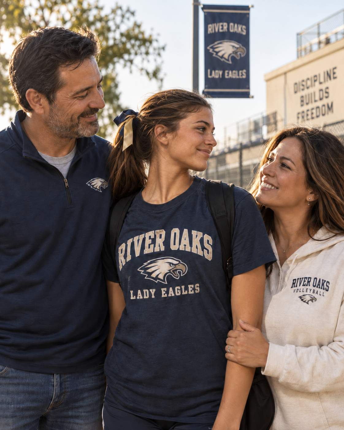 A real family photograph of an athlete with her parents